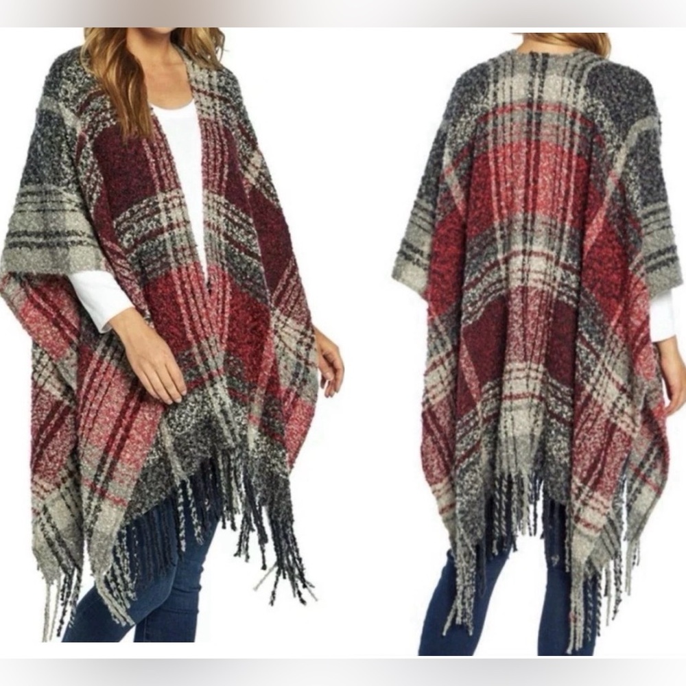 NWOT Woolrich Red Black Boucle Plaid Fringe Lydia Blanket Wrap Poncho Cape OSFA